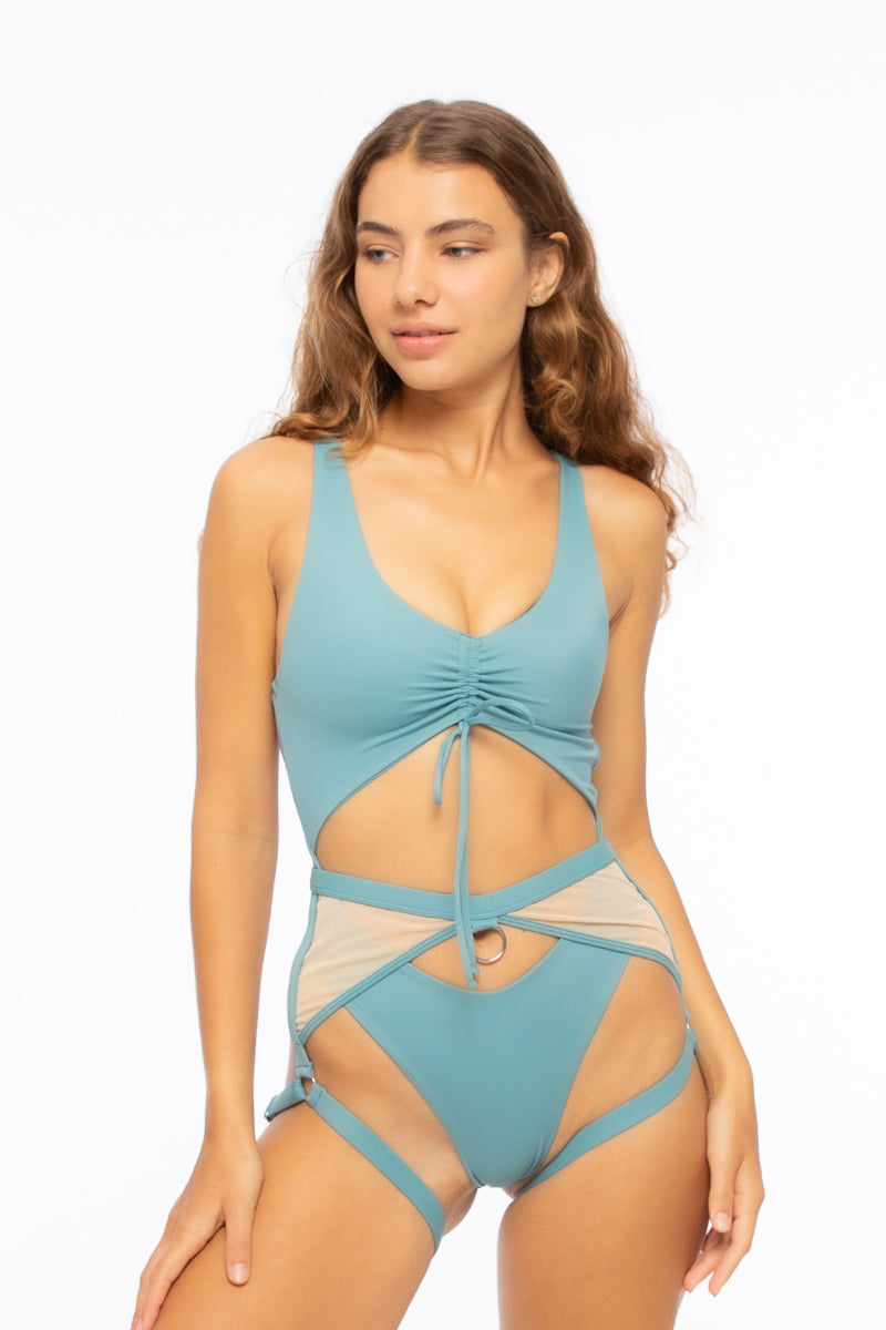 Nona Perkasa Hotline Garter Belt - Stone Blue/Sand