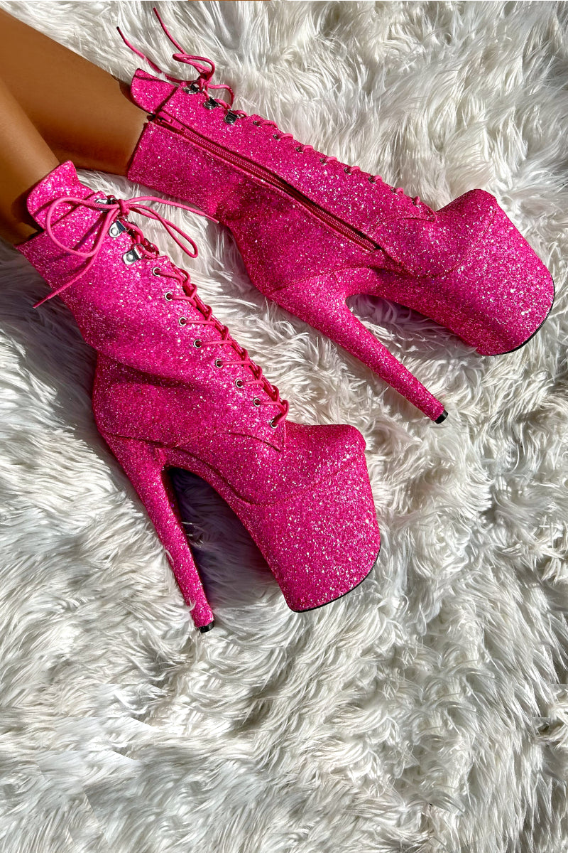 Hella Heels Glitterati XTRA 8inch Boots - Kitty Pink