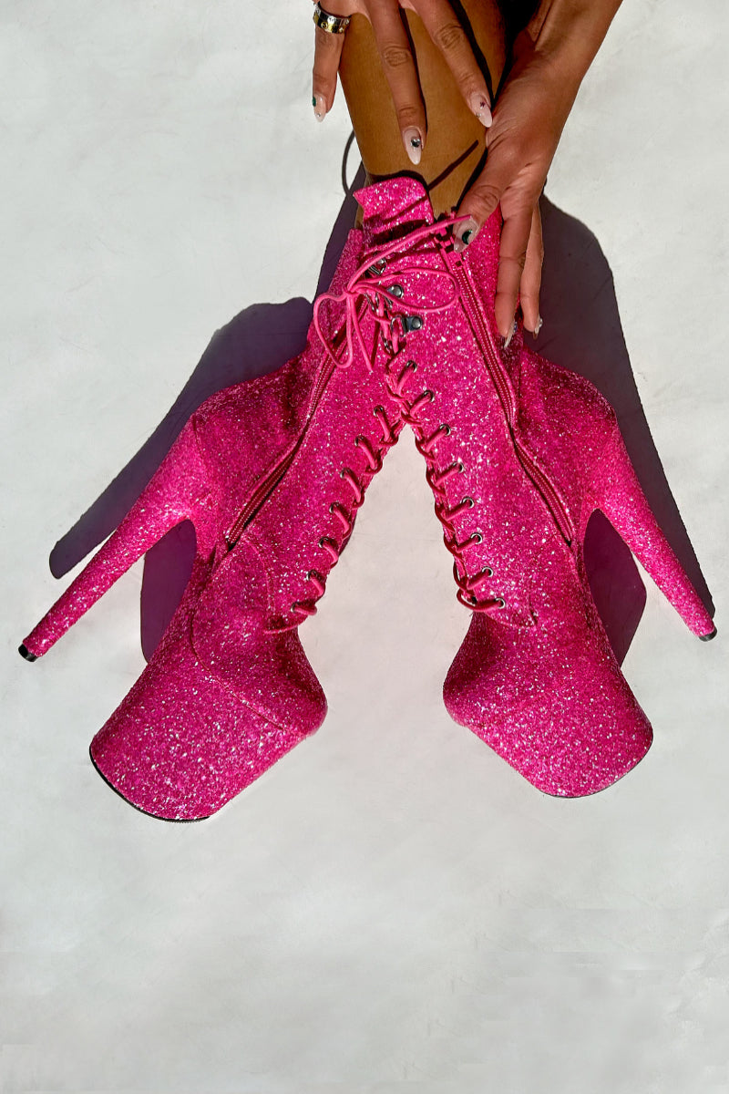 Hella Heels Glitterati XTRA 8inch Boots - Kitty Pink