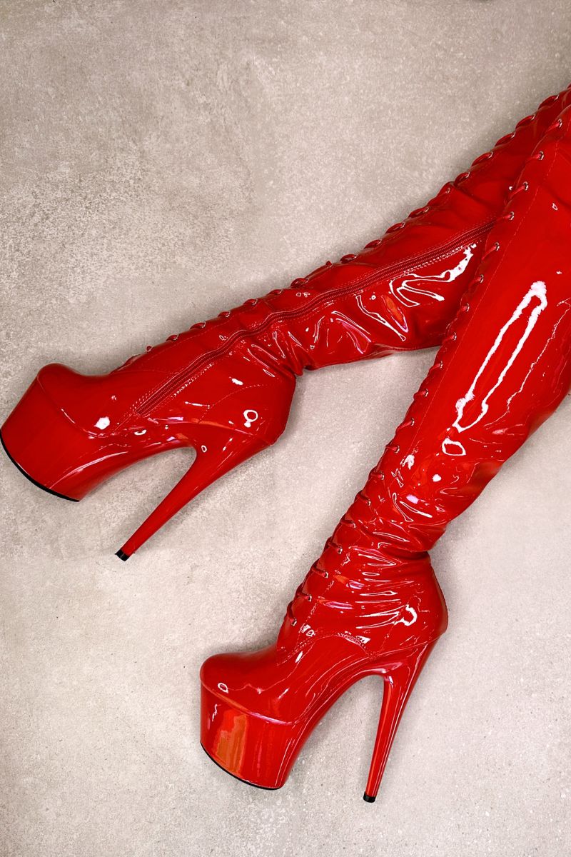 Red thigh high heel boots store