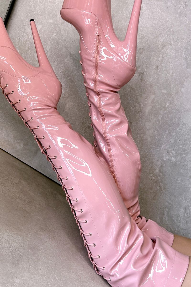 Hella Heels LipKit Thigh High Front Lace 8inch Boots - Candy Shop-Hella Heels-Pole Junkie