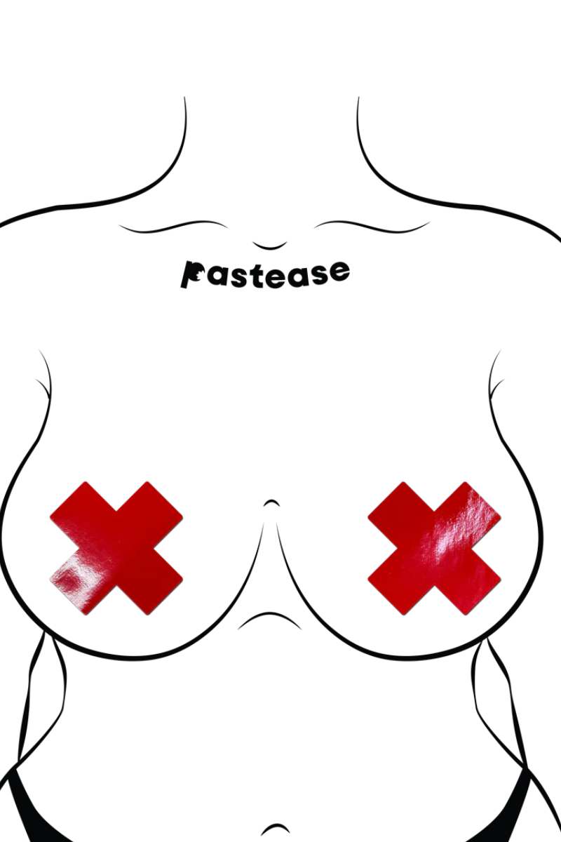 Pastease Faux Latex Pleather Vinyl Cross Nipple Pasties - Red