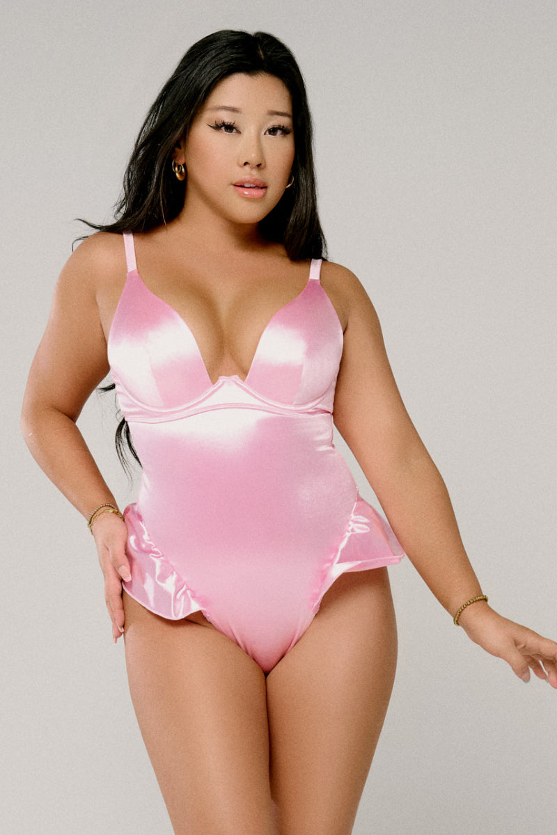 CXIX X HOAH Pillowtalk Plunge Bodysuit - Pink Satin