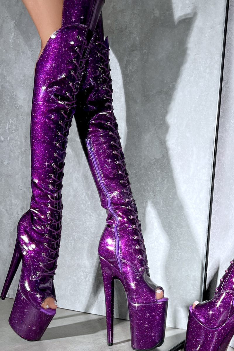 Hella Heels The Glitterati Open Toe Over The Knee 8inch Boots Purple Rain Pole Junkie