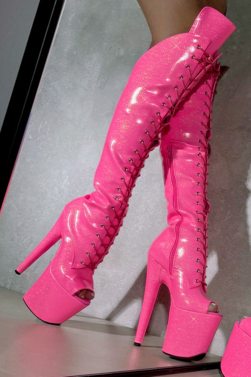 Hella Heels The Glitterati Open Toe Over The Knee 8inch Boots Juicy Pink Burst Pole Junkie