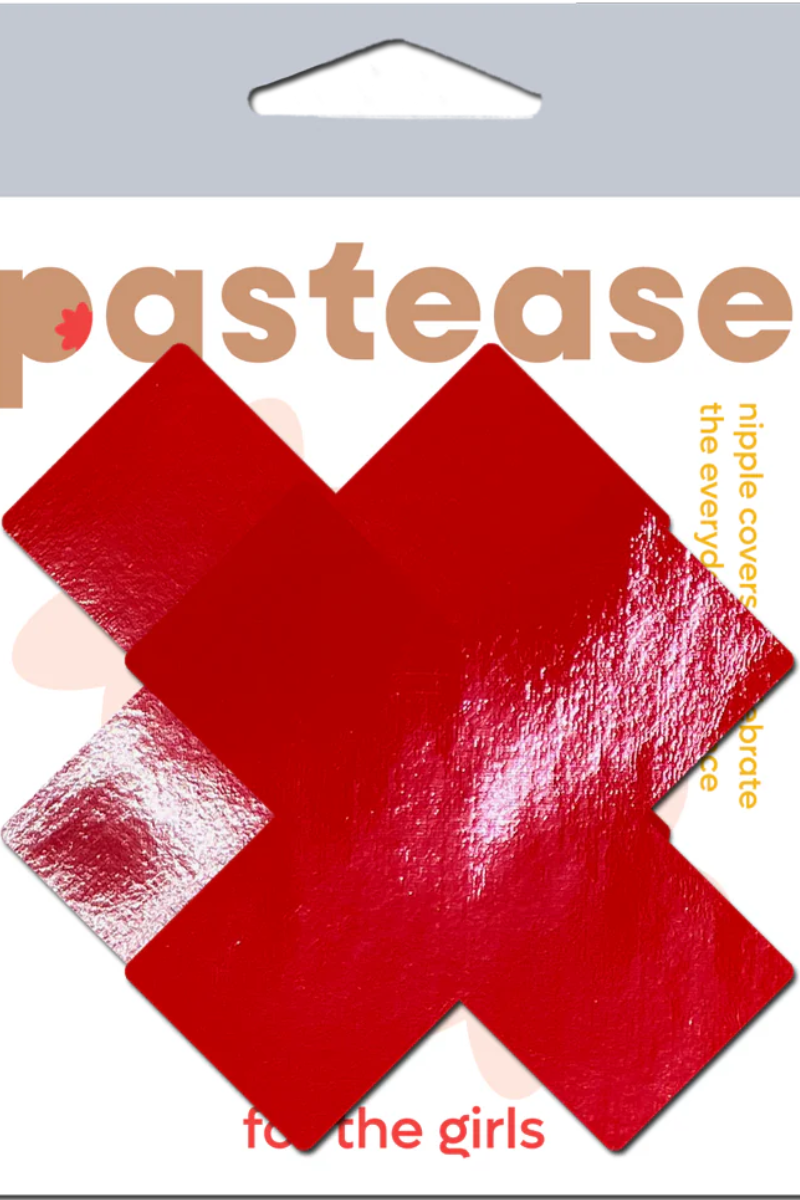 Pastease Faux Latex Pleather Vinyl Cross Nipple Pasties - Red