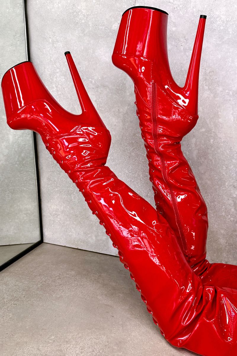 Hella Heels LipKit Thigh High Front Lace 8inch Boots Cherry Pie Pole Junkie