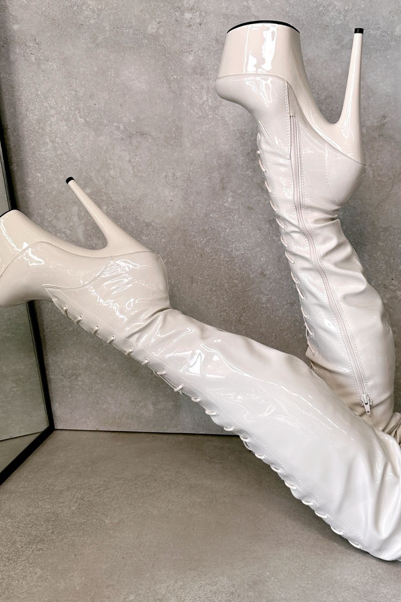 White vinyl thigh high 2024 boots