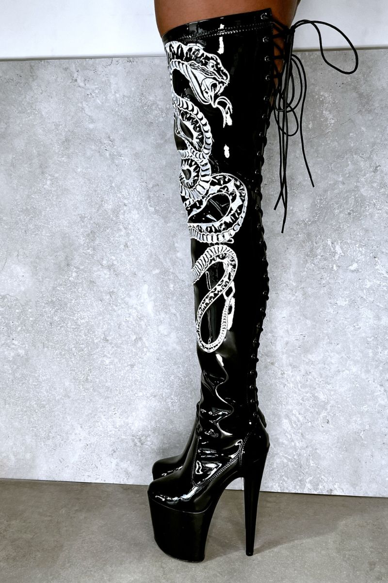 Hella Heels Viper Thigh High 8inch Boots Black White Snake Pole Junkie