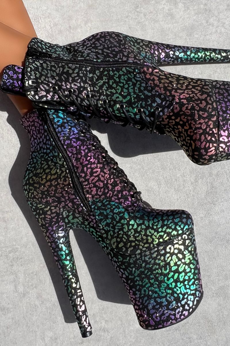 Hella Heels 8inch Low Ankle Boots Moonlight Leopard Pole Junkie