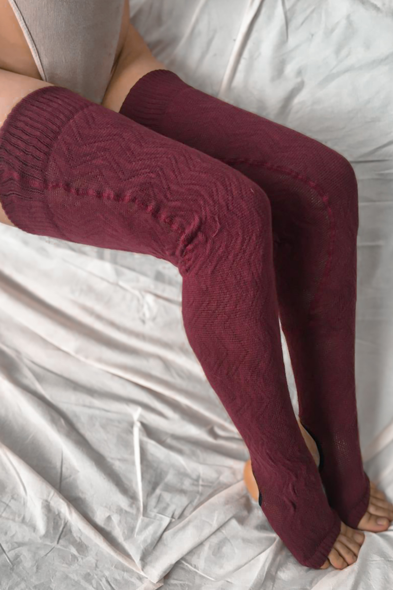 Rolling Cable Knit Thigh High Leg Warmers Burgundy Pole Junkie