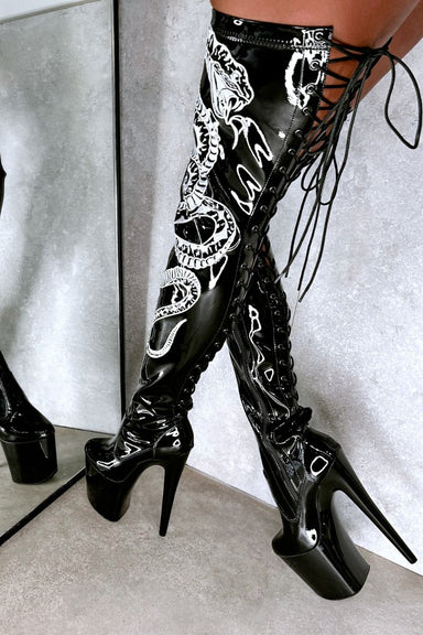 Hella Heels Viper Thigh High 8inch Boots - Black/White Snake-Hella Heels-Pole Junkie