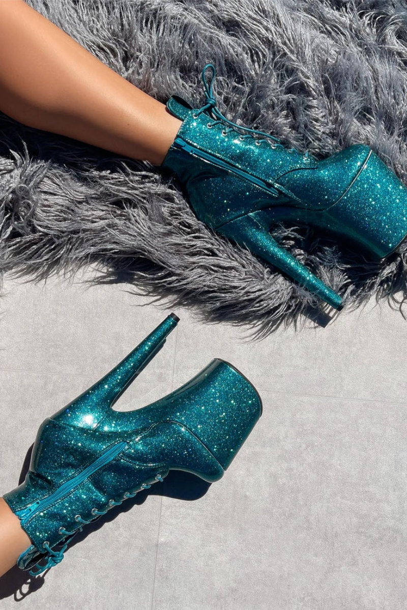 Hella Heels The Glitterati 8inch Ankle Boots - Ocean Eyes-Hella Heels-Pole Junkie