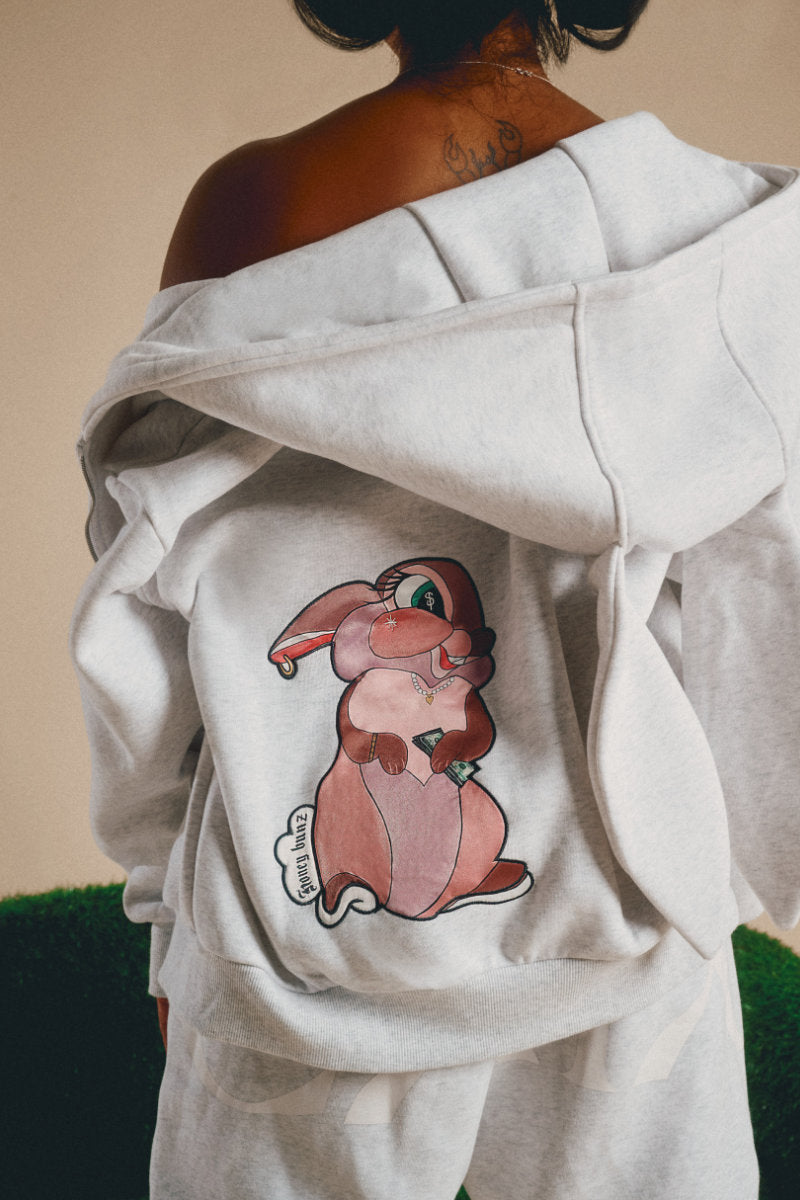 CXIX Creatures in the Club: Honey Bunz Zip Hoodie - Mist Grey/White