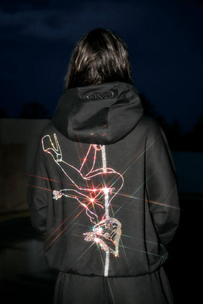 CXIX Anime Pole Dancer Hoodie - Black Rainbow Rhinestone