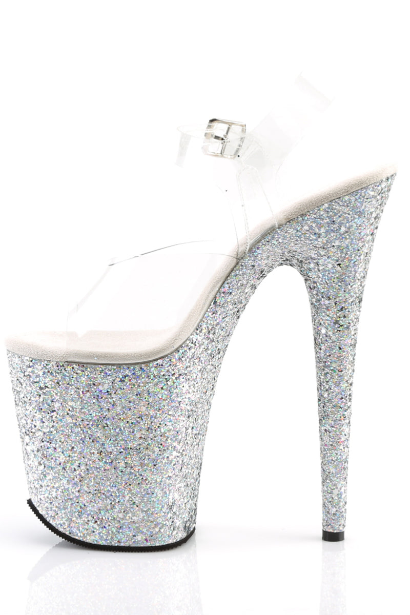 Pleaser USA Flamingo-808LG Holographic Glitter 8inch Pleasers - Silver