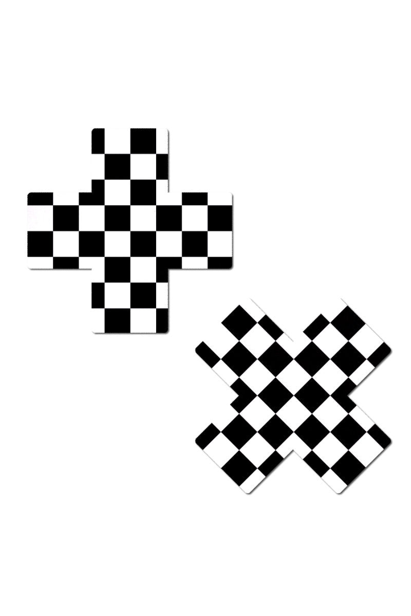 Pastease Cross Nipple Pasties - Black & White Checker · Pole Junkie