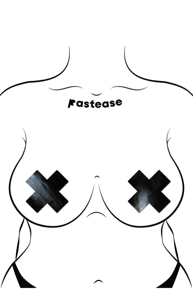 Pastease Faux Latex Pleather Vinyl Cross Nipple Pasties - Black