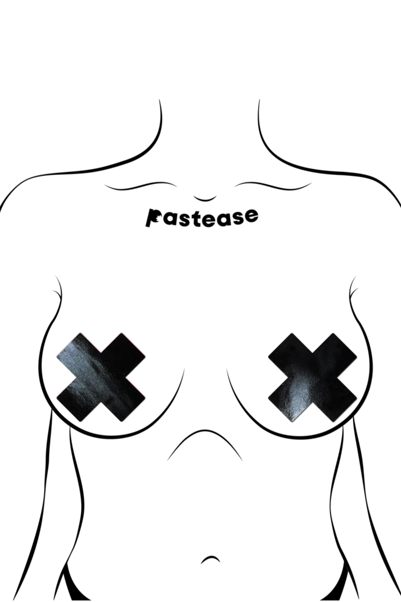 Pastease Faux Latex Pleather Vinyl Cross Nipple Pasties - Black