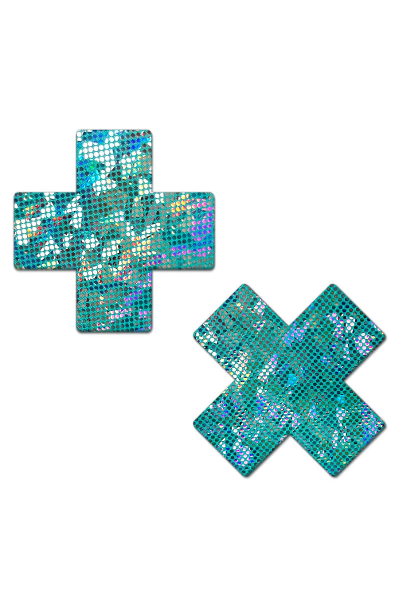 Pastease Cross Nipple Pasties - Seafoam Disco Glitter-Pastease-Pole Junkie