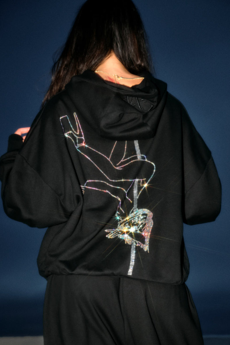 CXIX Anime Pole Dancer Hoodie - Black Rainbow Rhinestone