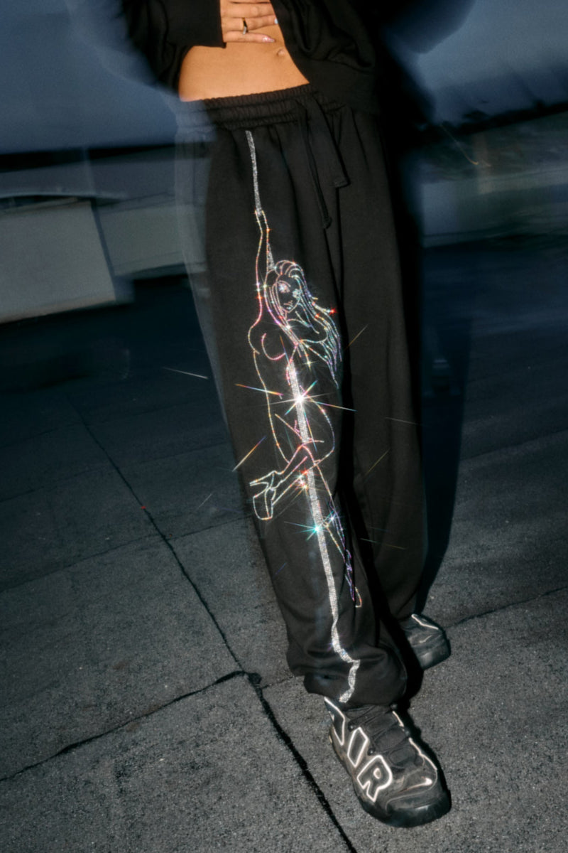 CXIX Anime Pole Dancer Sweatpants - Black Rainbow Rhinestone