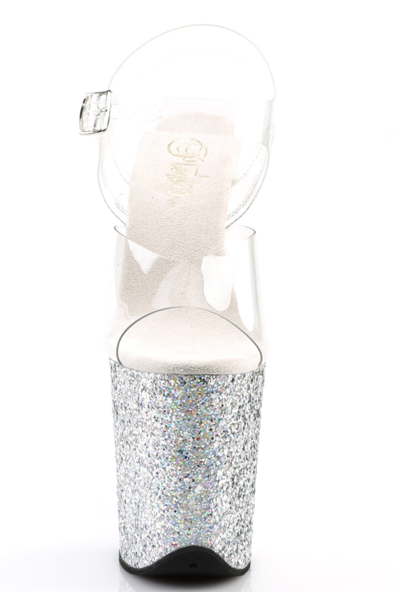 Pleaser USA Flamingo-808LG Holographic Glitter 8inch Pleasers - Silver